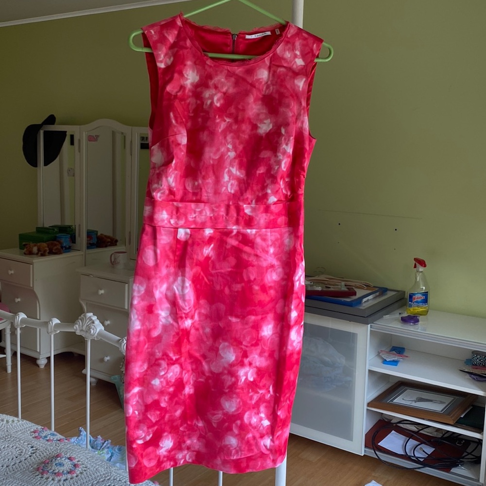 Pink high neck mid length dress with fringe on collar and back zipper